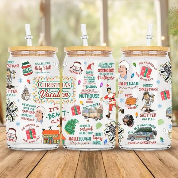 National Lampoons Christmas Clark Griswold 16oz Glass Can Tumbler Clear Frosted - Picture 1 of 3